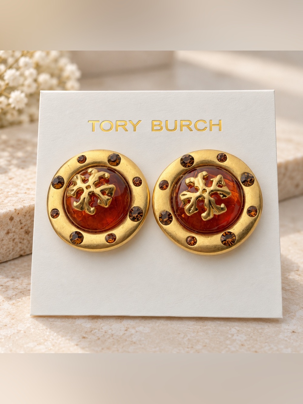 Tory Burch Gold and Amber Logo Disc Earrings